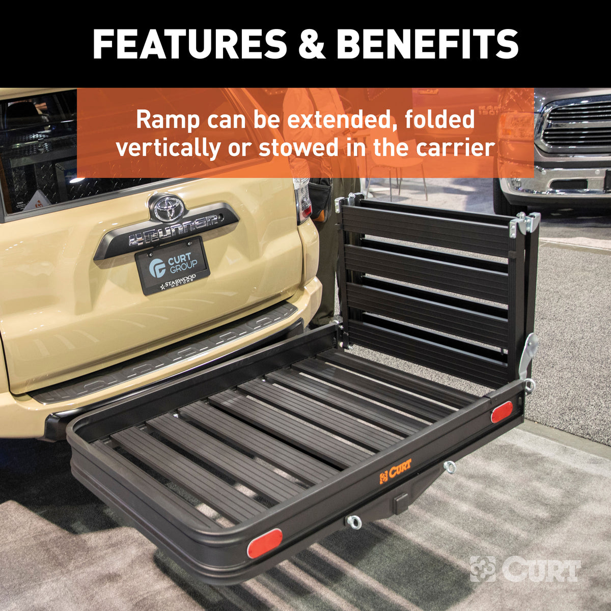 CURT 18112 50 x 30-1/2-Inch Black Aluminum Hitch Cargo Carrier with Ramp, 2-In Folding Shank