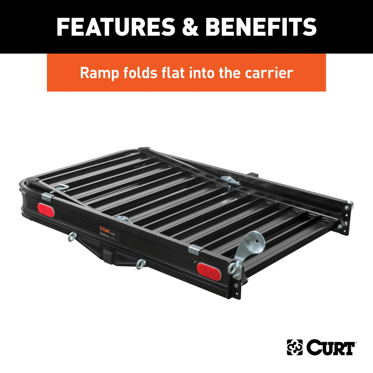 CURT 18112 50 x 30-1/2-Inch Black Aluminum Hitch Cargo Carrier with Ramp, 2-In Folding Shank