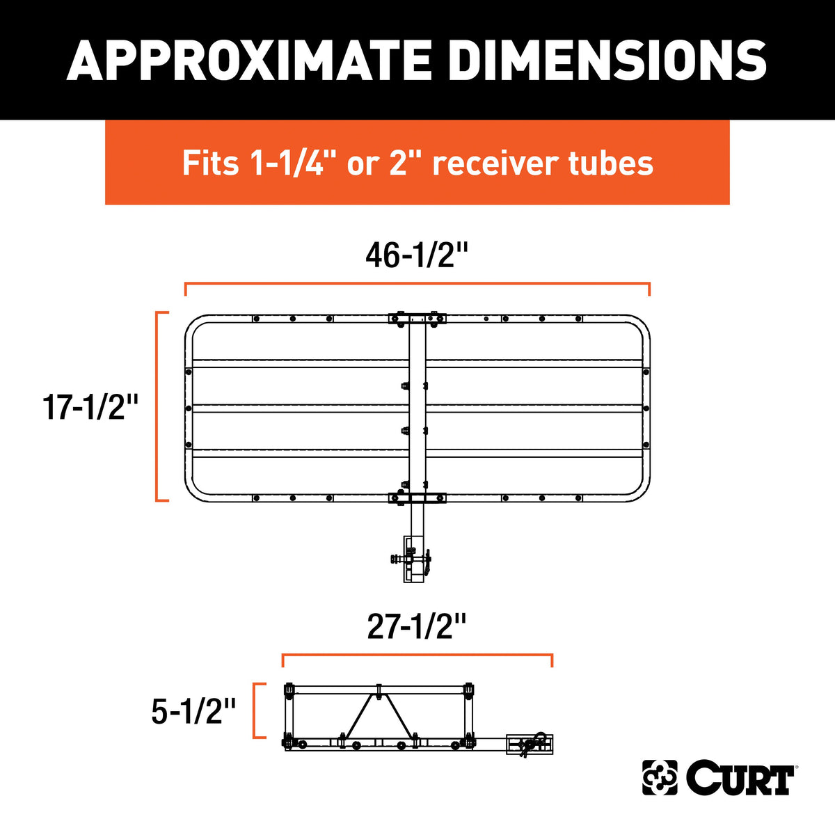 CURT 18145 48 x 20-Inch Basket Hitch Cargo Carrier, 500 lbs Capacity, Black Steel, 1-1/4, 2-In Adapter Shank