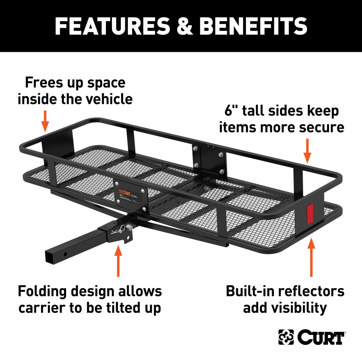 CURT 18151 60 x 20-Inch Basket Hitch Cargo Carrier, 500 lbs Capacity, Black Steel, 2-In Folding Shank
