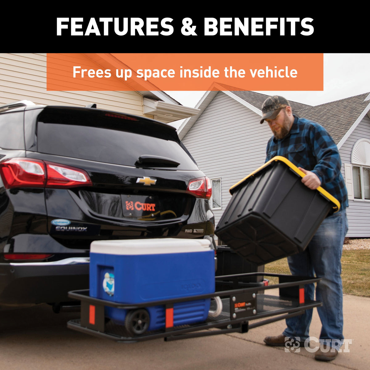 CURT 18151 60 x 20-Inch Basket Hitch Cargo Carrier, 500 lbs Capacity, Black Steel, 2-In Folding Shank