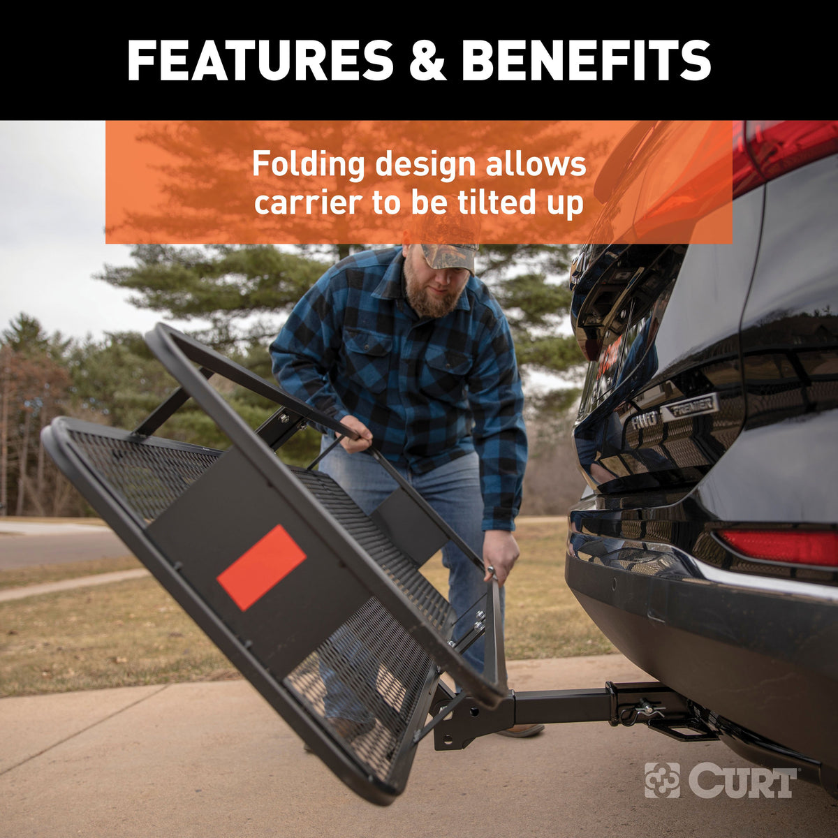 CURT 18151 60 x 20-Inch Basket Hitch Cargo Carrier, 500 lbs Capacity, Black Steel, 2-In Folding Shank