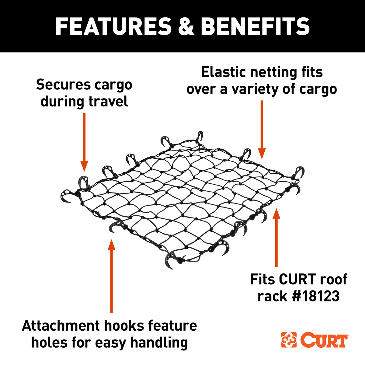 CURT 18218 44 x 36-Inch Elastic Cargo Net with Hooks for Roof Basket