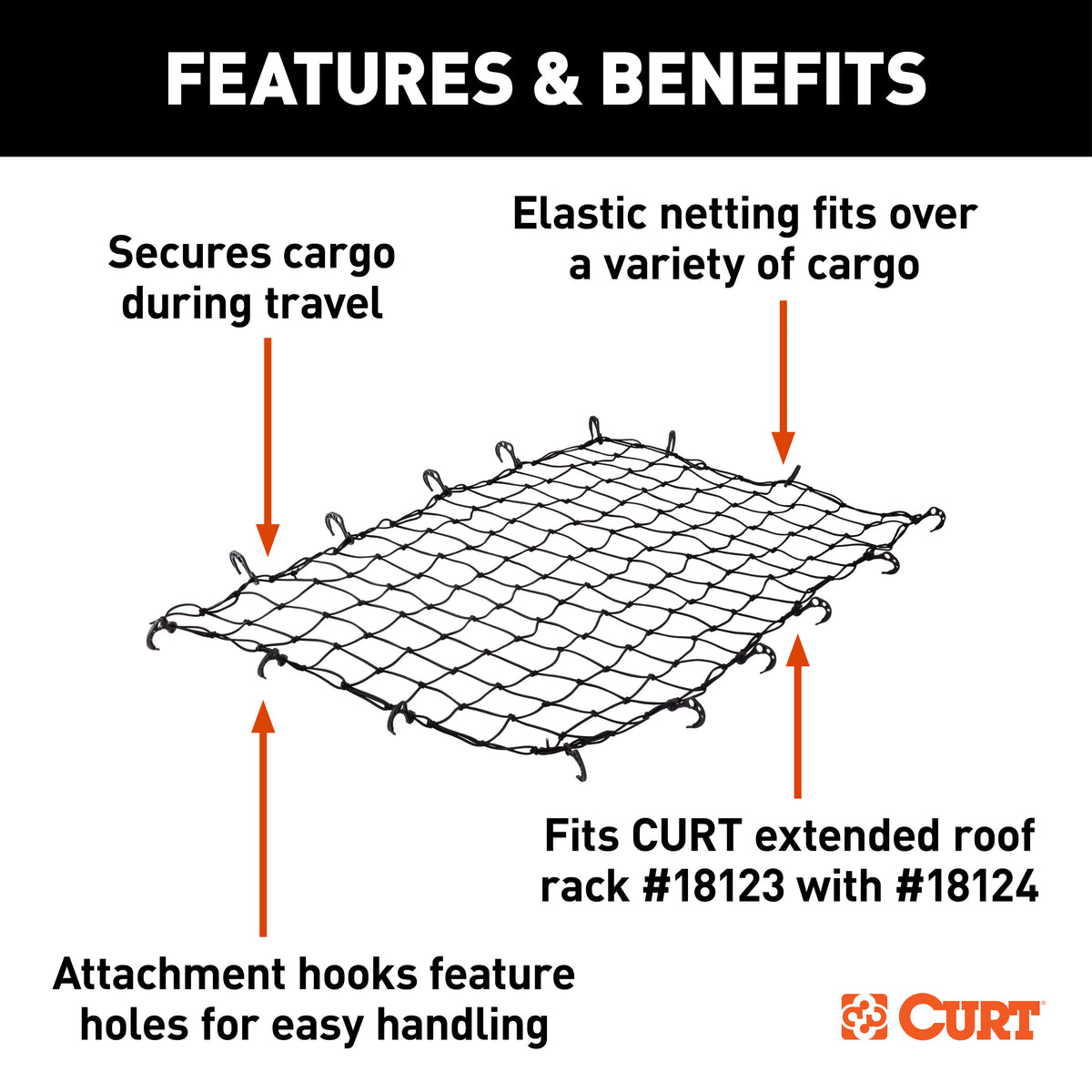 CURT 18219 64 x 36-Inch Elastic Cargo Net with Hooks for Extended Roof Basket