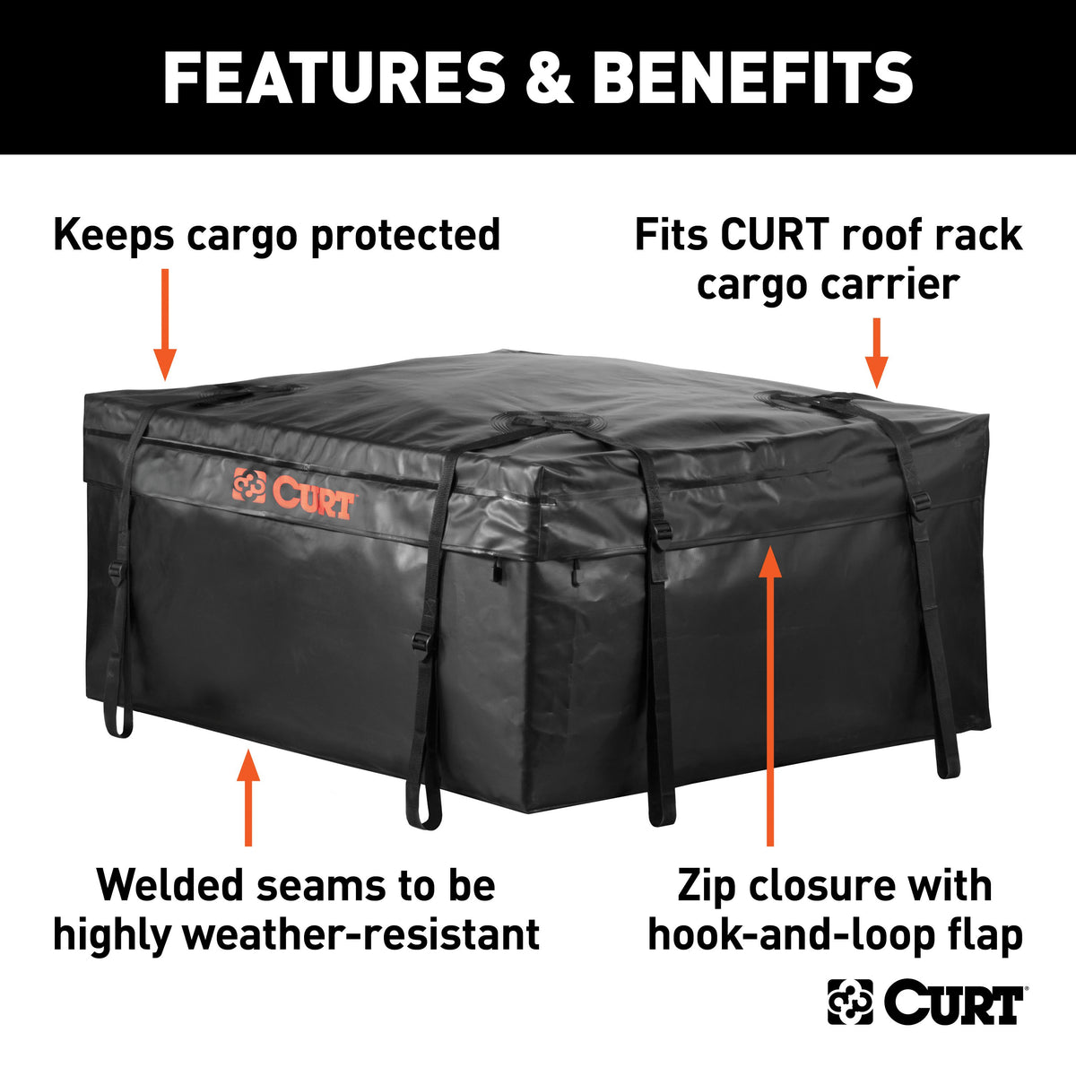 CURT 18220 38 x 34 x 18-Inch Weather-Resistant Black Vinyl Cargo Bag for Roof Basket