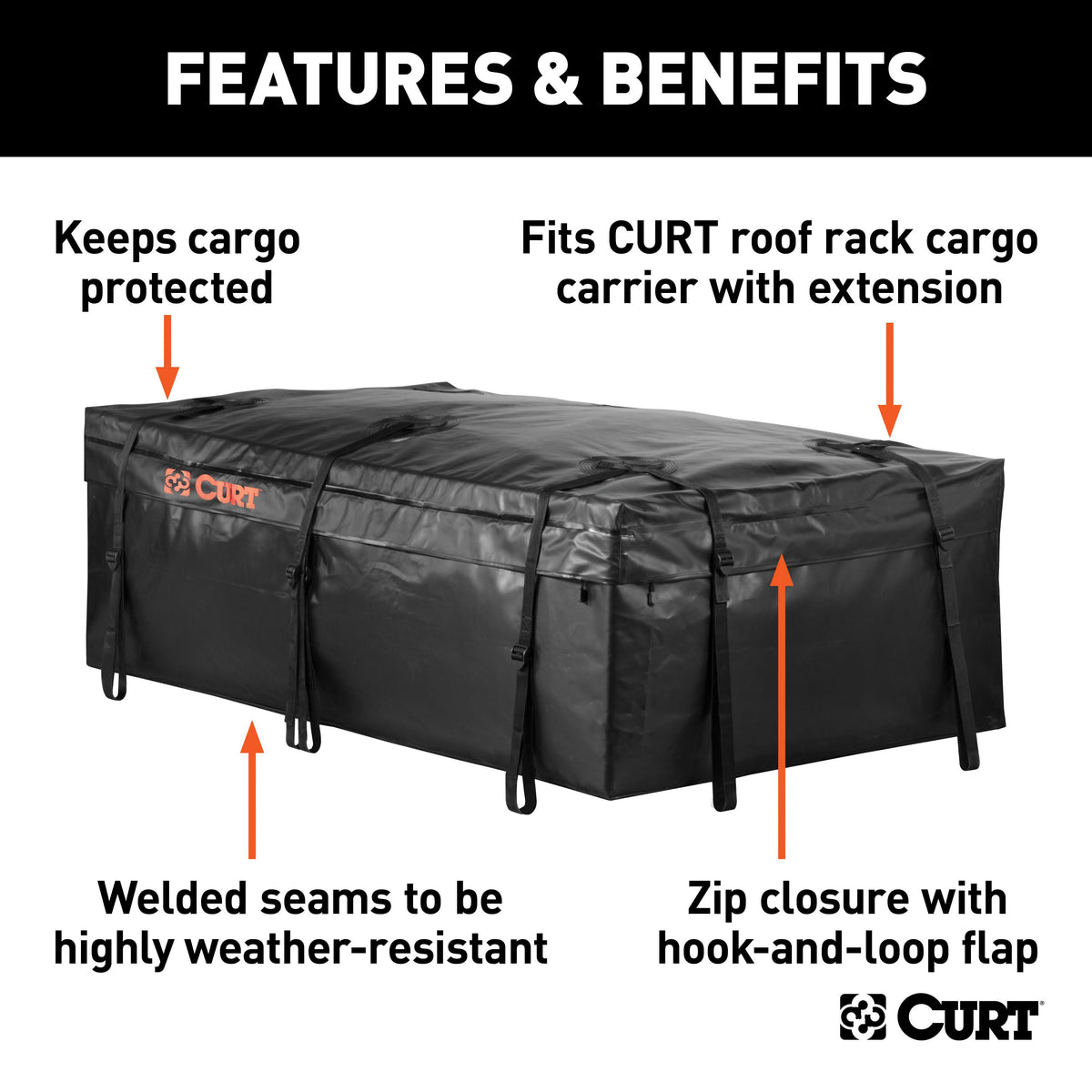 CURT 18221 59 x 34 x 18-Inch Weather-Resistant Black Vinyl Roof Rack Cargo Bag for Roof Basket