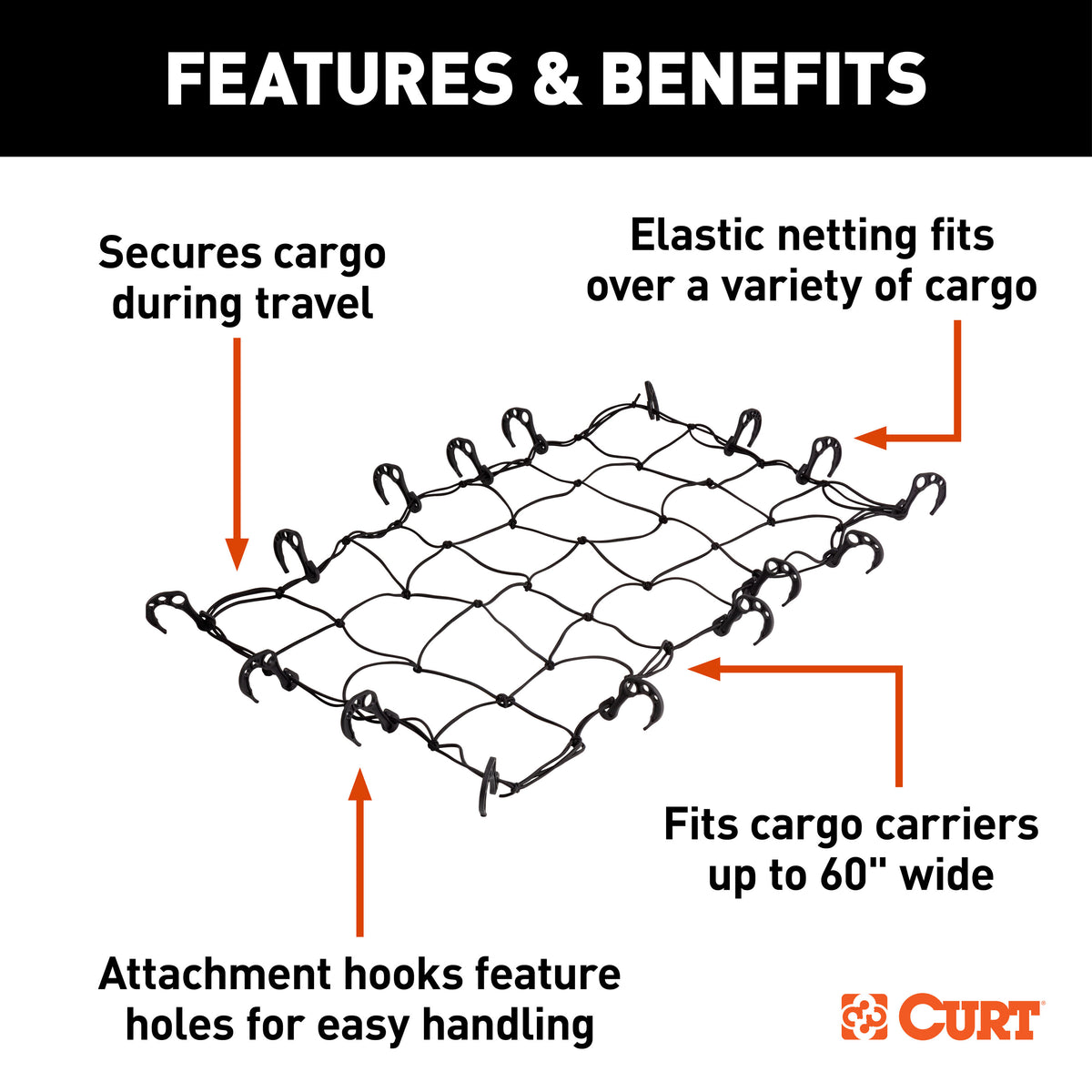 CURT 18223 43 x 24-Inch Elastic Cargo Net with Hooks for Hitch Carrier