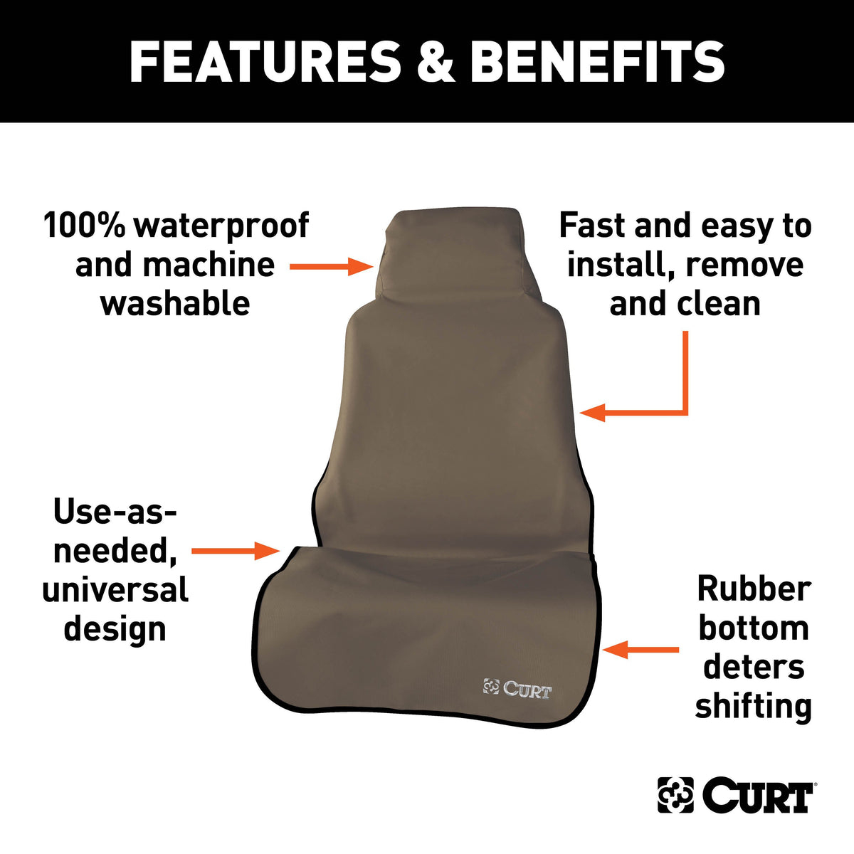 CURT 18502 Seat Defender 58-Inch x 23-Inch Brown Waterproof Universal Bucket Car Seat Cover Protector