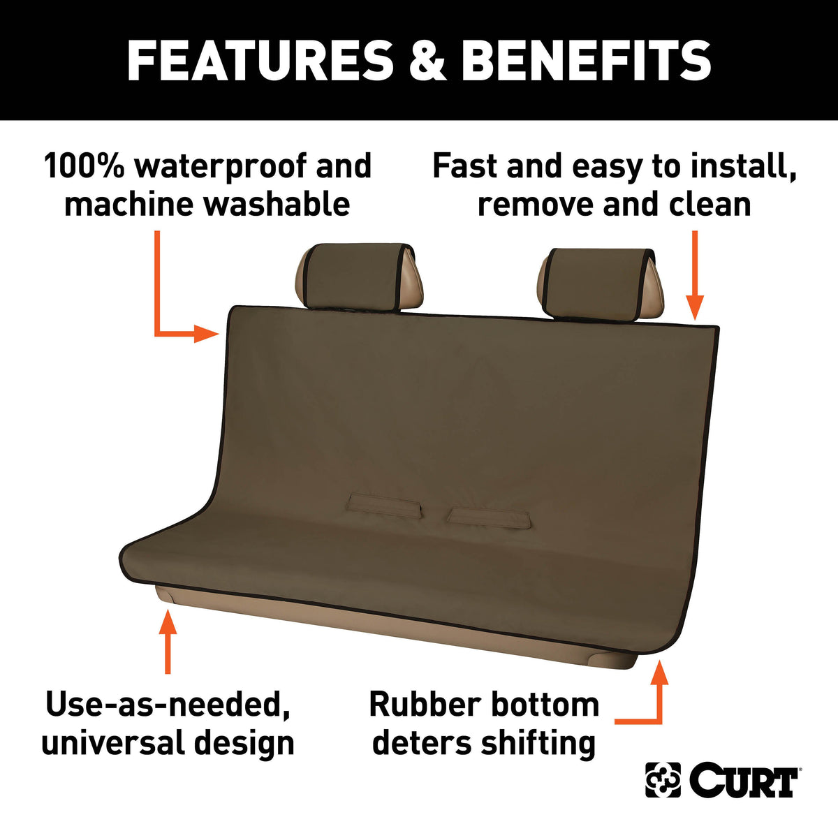CURT 18512 Seat Defender 58-Inch x 55-Inch Brown Waterproof Universal Bench Car Seat Cover Protector