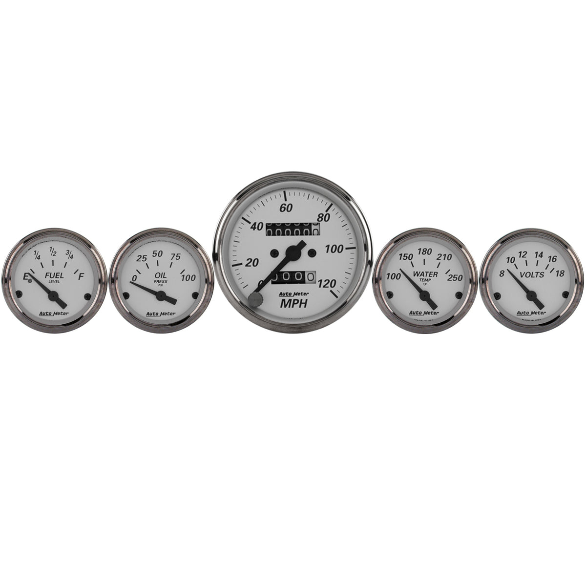 Autometer Silver 5 Pc Kit Box w/ Mech. Speedo / Elec Oil Press / Water Temp / Volt / Fuel Level - 1901