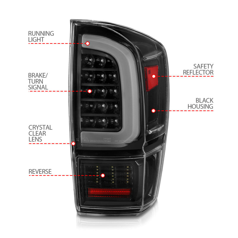 ANZO 16-21 Toyota Tacoma LED Tail Lights - w/ Light Bar Sequential Black Housing &amp; Clear Lens - 311400