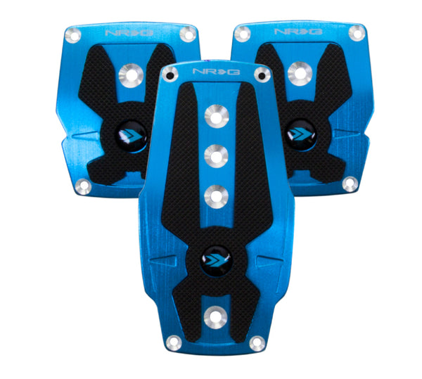 NRG Brushed Aluminum Sport Pedal M/T - Blue w/Black Rubber Inserts - PDL-200BL - front view