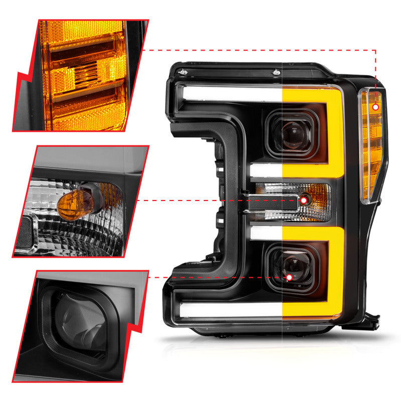 ANZO 17-19 Ford F-250/350/450 SD (w/o Factory LED) LED Proj Headlights w/Light Bar Switchback Blk - 111577