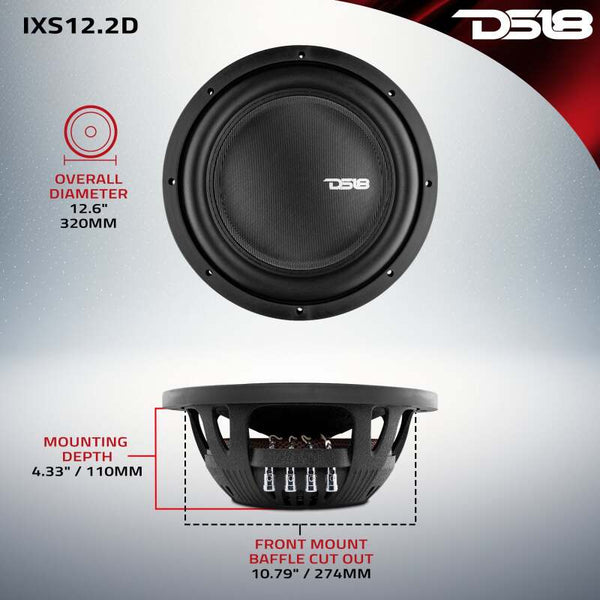 DS18 12in 800 Watts RMS 2 ohm DVC Shallow Mount Fiber Glass Subwoofer IXS Series - IXS12.2D - front view