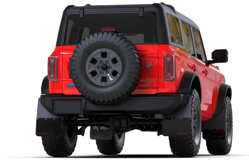 Rally Armor 21-24 Ford Bronco (Plstc Bmpr + RR - NO Rptr/Sprt) Blk Mud Flap w/Met. Blk Logo - MF85-RR-PL-MBK