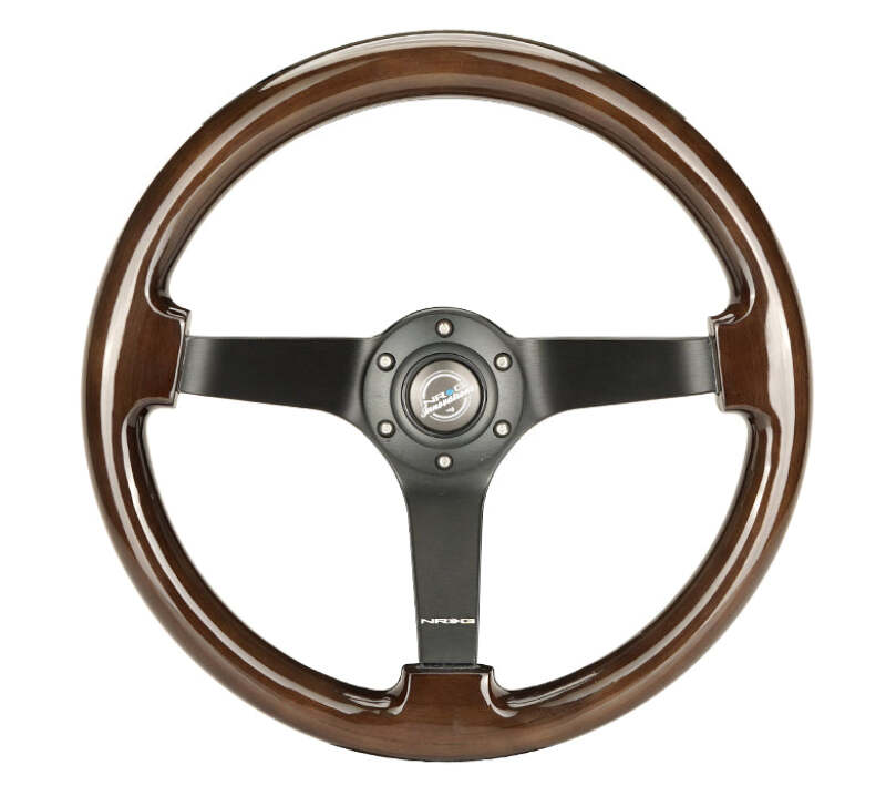 NRG Reinforced Steering Wheel (350mm) Dark Wood Grain - 3in Deep - Black 3-Spoke Center - RST-036BK-BKW - close-up view