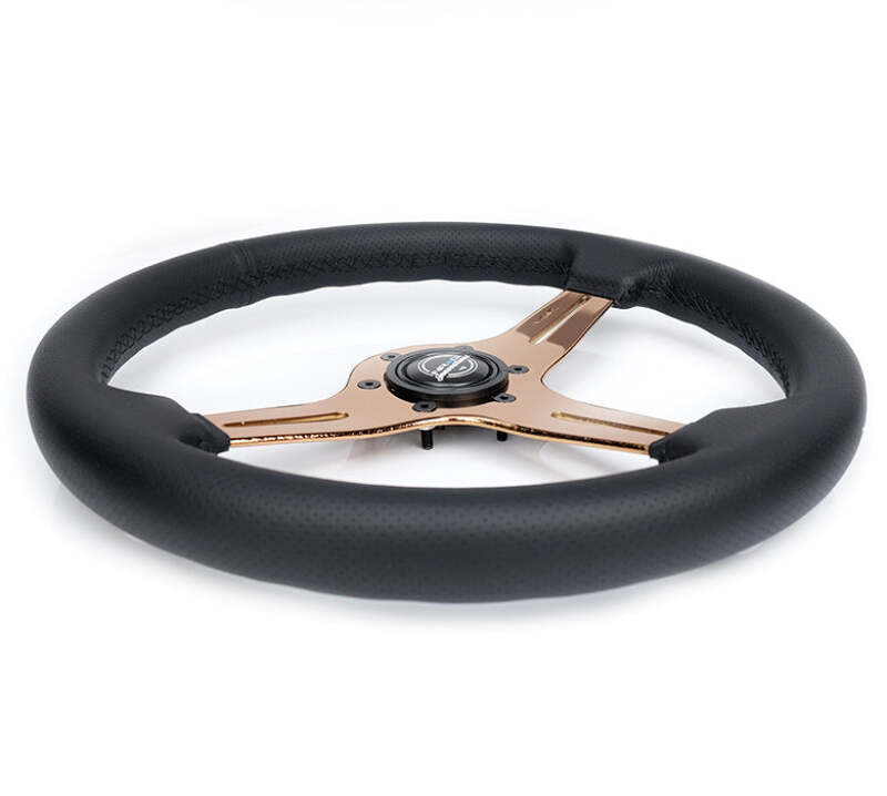 NRG Light Weight Gaming Steering Wheel - Blitz 350mm 3 Rose Gold Spokes Slits - Leather - No Dish - ST-018RG-PR - close-up view