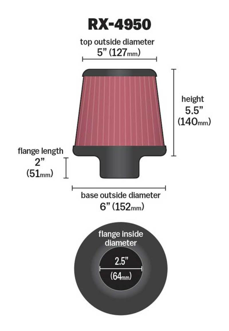 K&amp;N Filter Universal X Stream Clamp-On 2.5in Flange ID / 6in Base OD / 5in Top OD / 5.5in Height - RX-4950