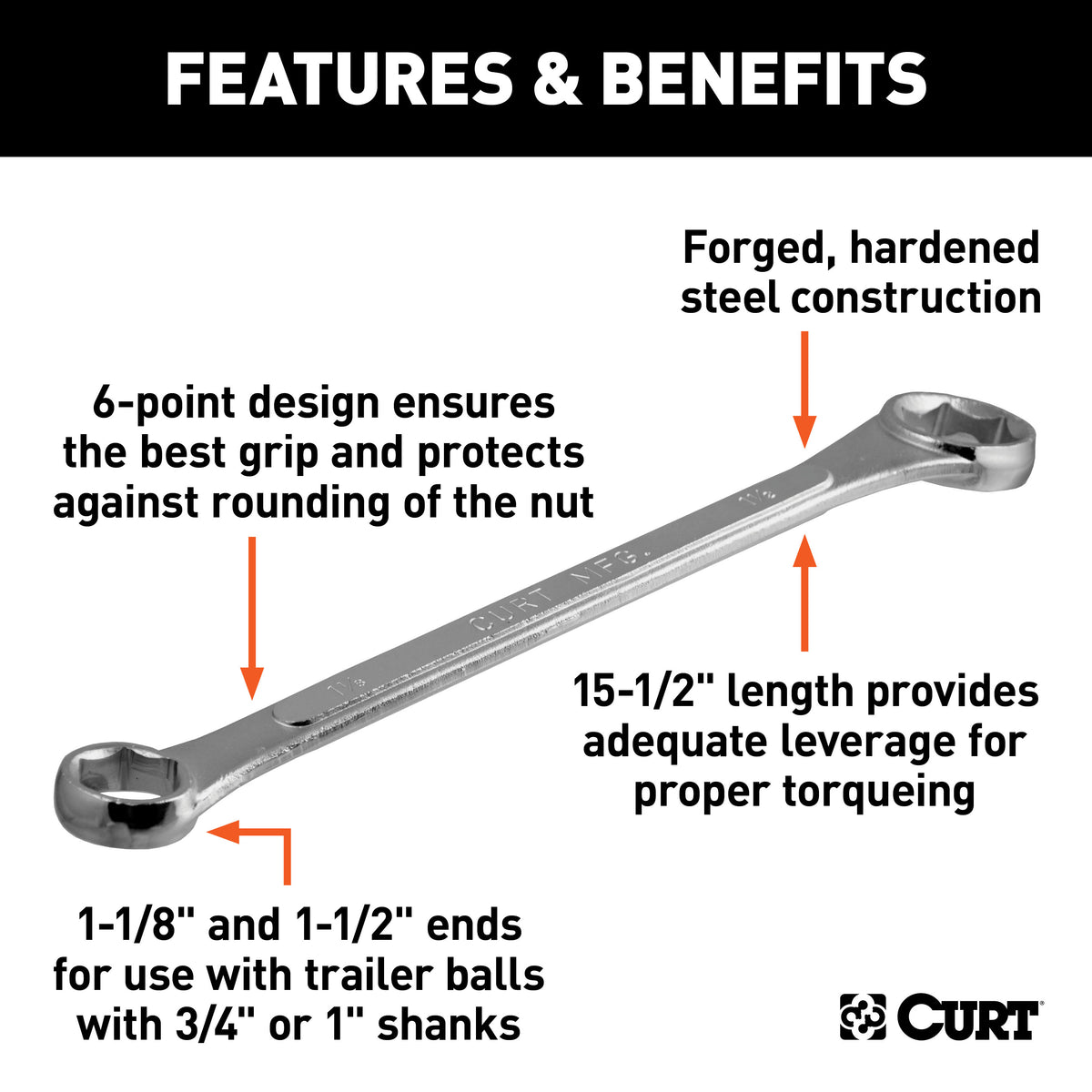 CURT 20001 Box End Wrench, 1-1/8, 1-1/2-Inch Openings, Torque Trailer Hitch Balls with 3/4 or 1-Inch Diameter Shank