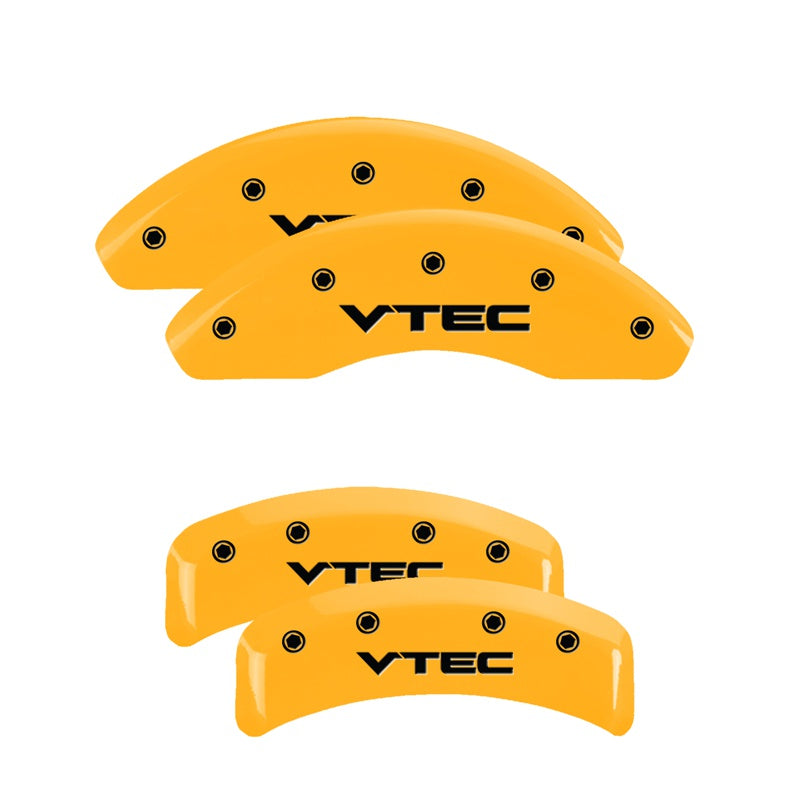 MGP 4 Caliper Covers Engraved Front &amp; Rear Vtech Yellow Finish Black Char 2003 Honda Element - 20076SVTCYL
