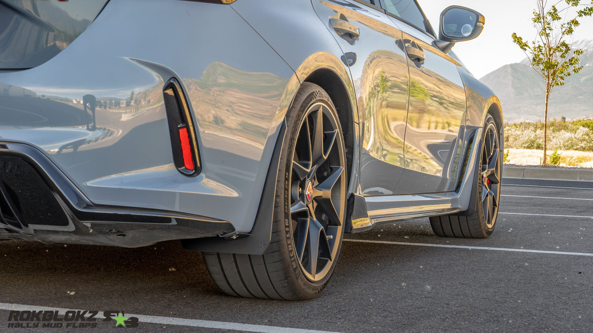 2023 Honda Civic Type R featuring Rokblokz rally inspired Splash Guards in black - Passenger side view