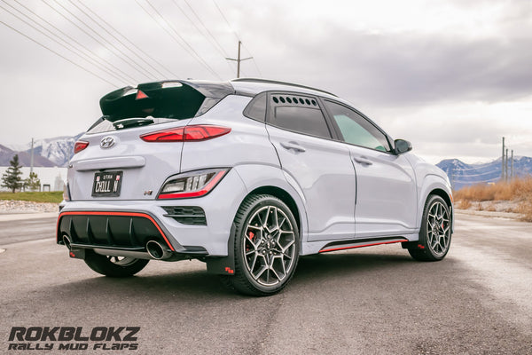 RokBlokz - Hyundai Kona 2018-2023 Rally Mud Flaps for 2018-2023 Hyundai Kona - front view