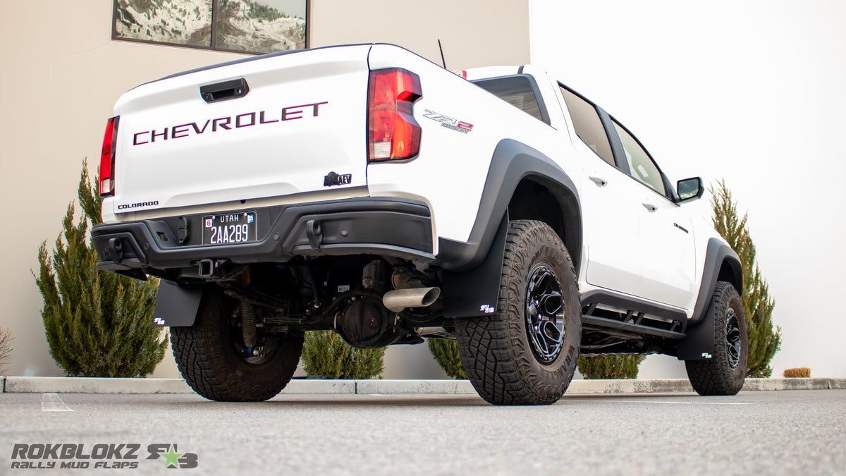 2023 Chevy Colorado ZR2 Bison featuring Rokblokz mud flaps - rear 3/4