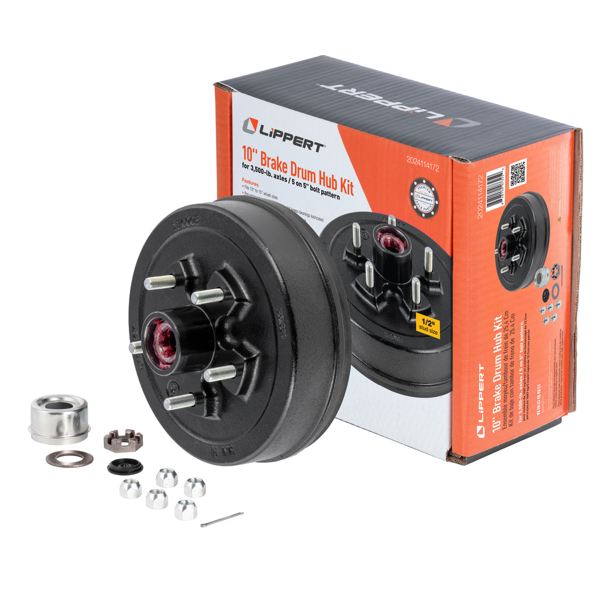 Lippert 2024114172 10" Brake Drum Hub Complete Kit with Installed Bearings, 5 on 5.5", 1/2" Stud, 3,500-lb. Axles
