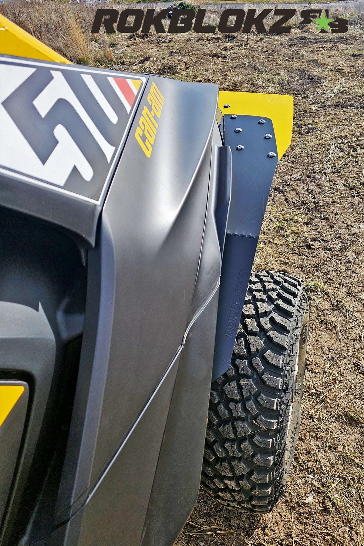 2024 CanAm Maverick R Ft. Rokblokz Fender extension kit w/yellow accents - rear