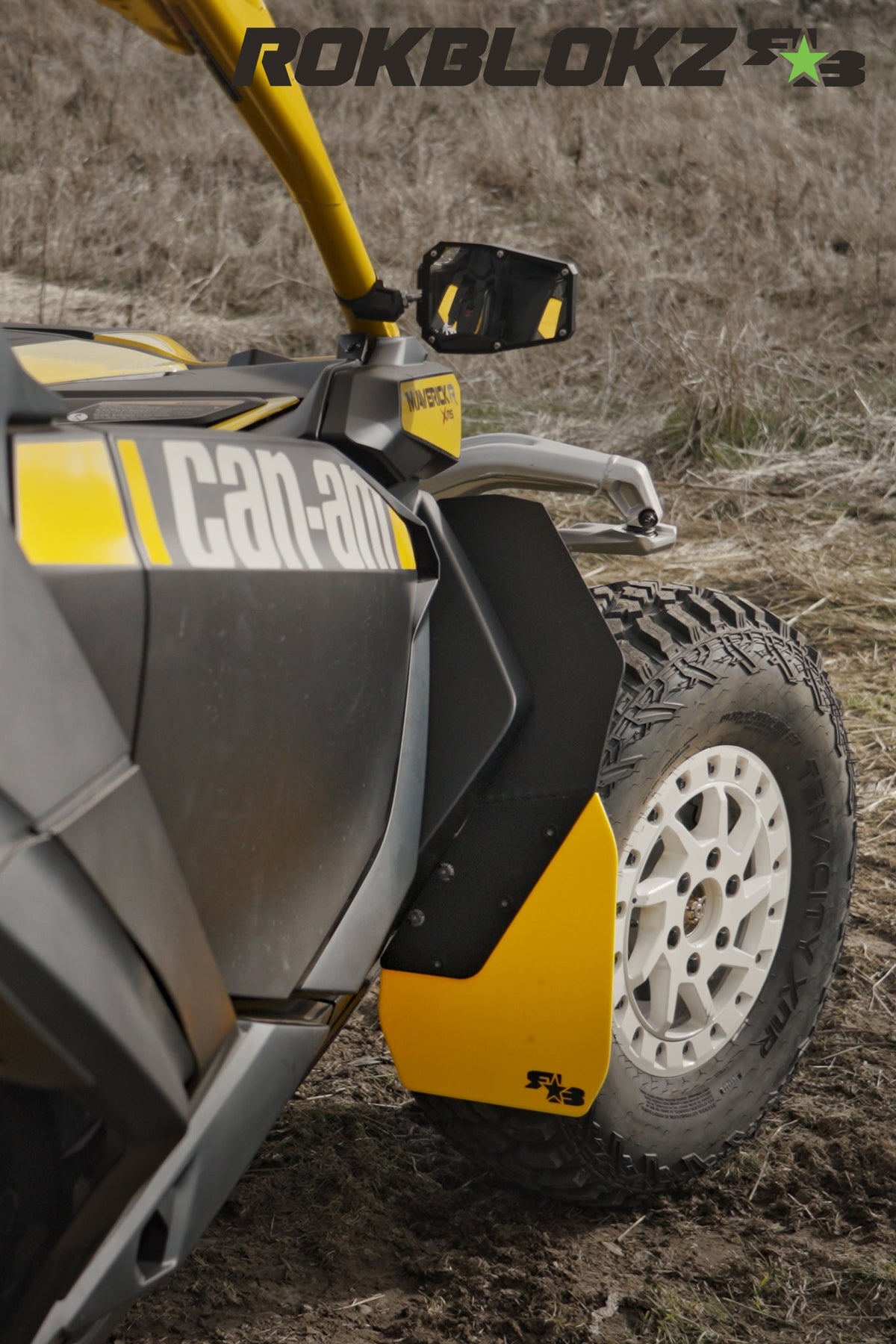 2024 CanAm Maverick R Ft. Rokblokz Fender extension kit w/yellow accents - front