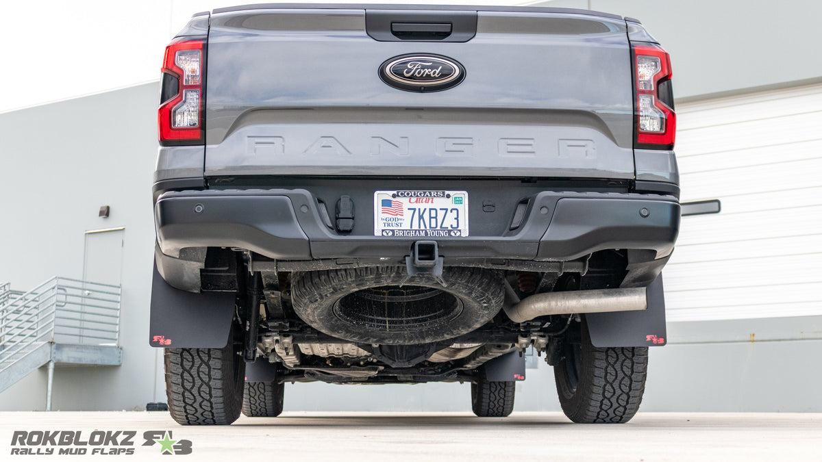 Ford Ranger equipped with Rokblokz Rally Mud Flaps - rear view
