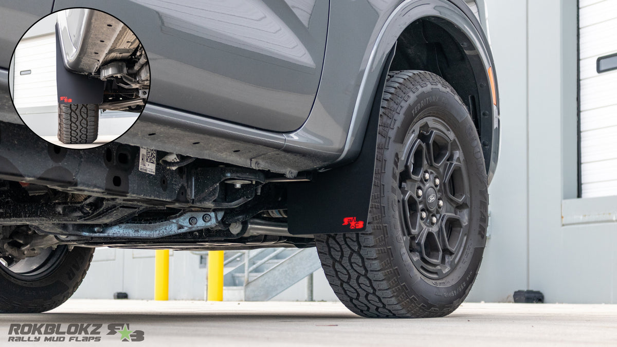 Close-up of front Rokblokz mud flap fitment on 2024+ Ford Ranger
