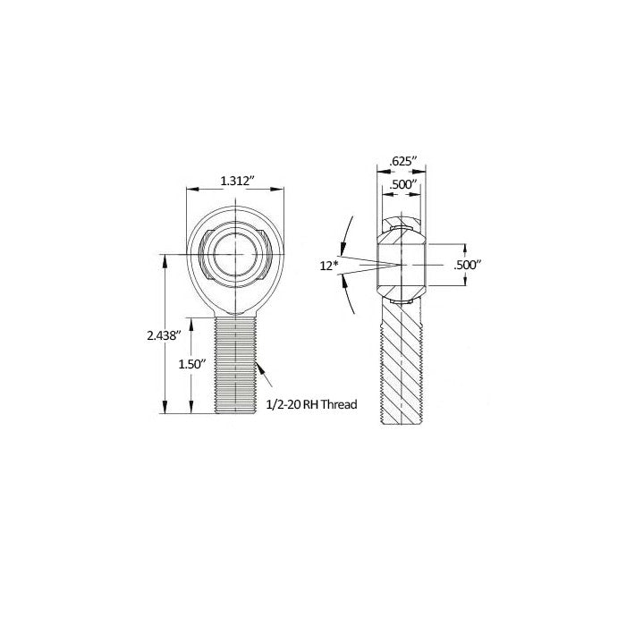 1/2" Right Hand Heim Joint Dimensions