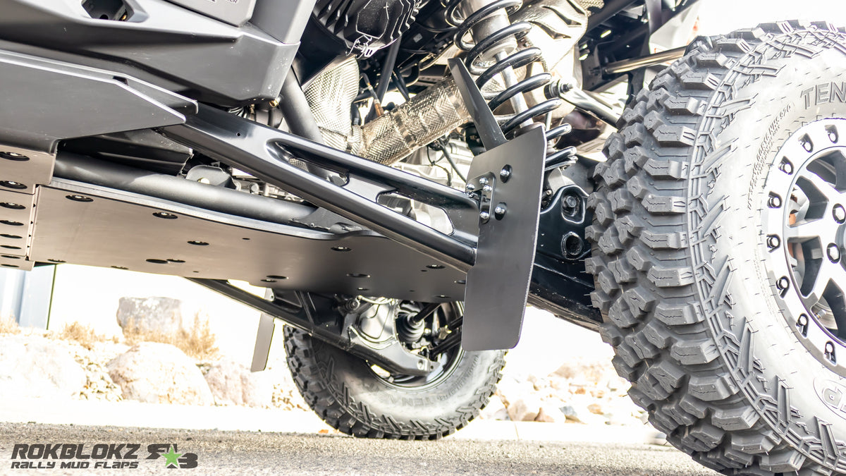 2025 CanAm Maverick R Featuring Rokblokz Upgraded Trailing Arm Mud Flaps for OEM Bracket - from below
