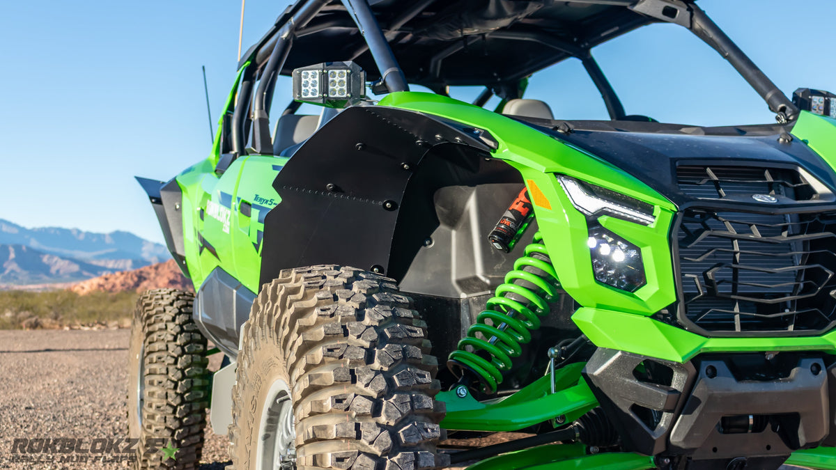 Front 3/4 angle of Kawasaki Teryx H2 equipped with Rokblokz fenders