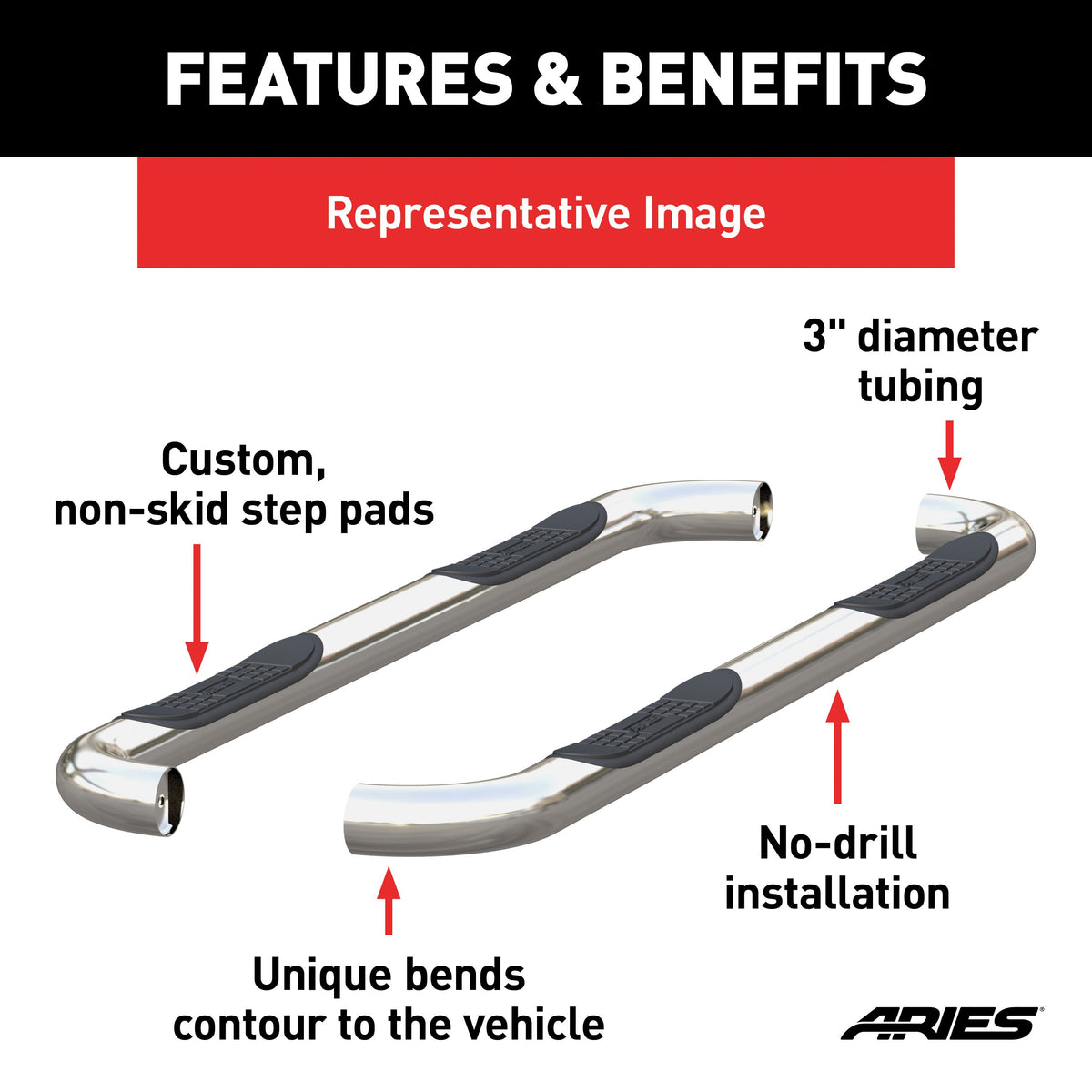 ARIES 203006-2 3-Inch Round Polished Stainless Steel Nerf Bars, No-Drill, Fits Select Ford Excursion, F-250, F-350 Super Duty
