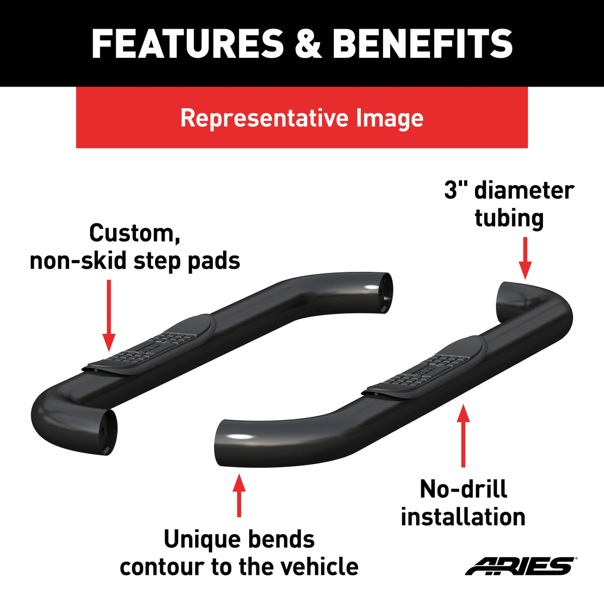 ARIES 203035 3-Inch Round Black Steel Nerf Bars, No-Drill, Fits Select Ford Ranger