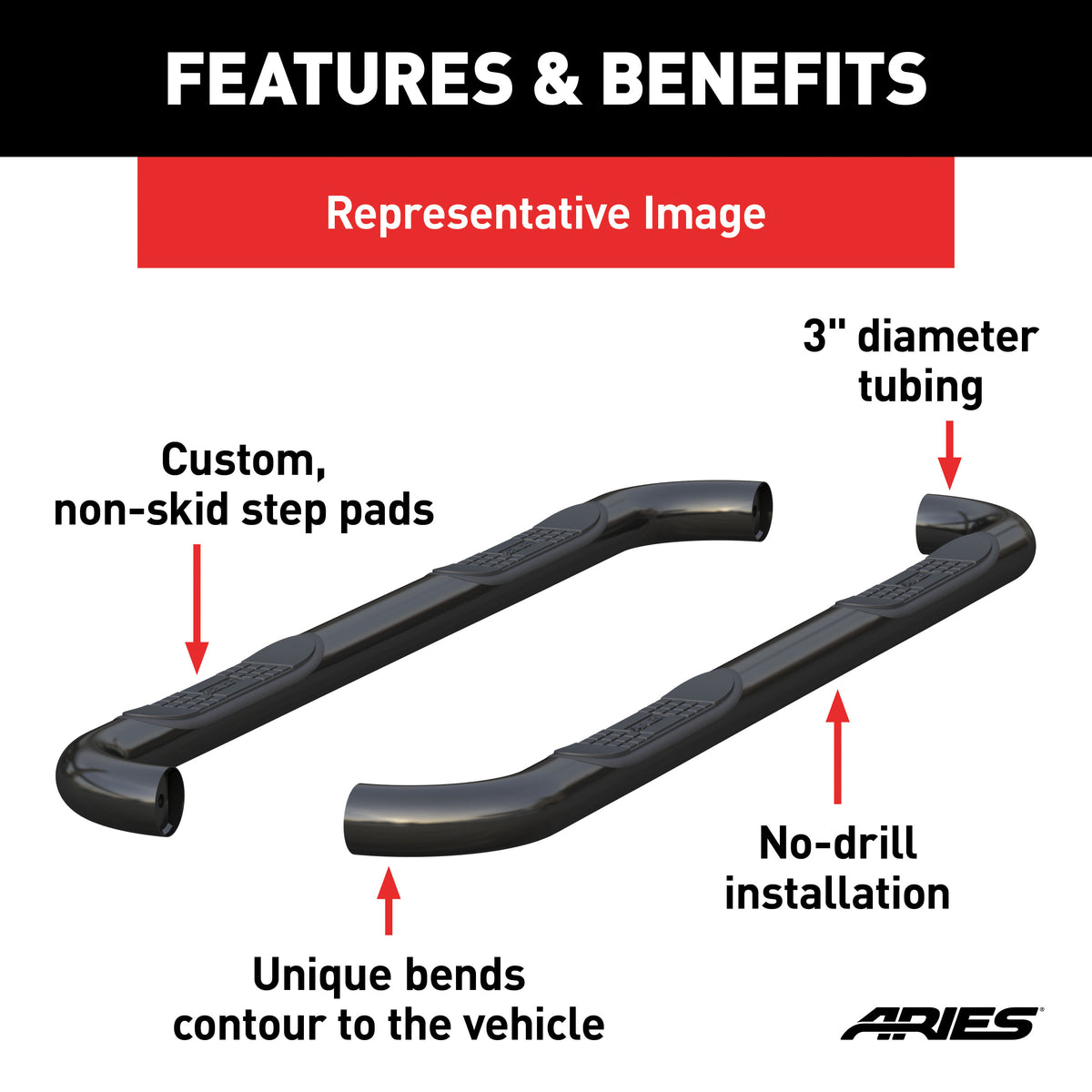 ARIES 203043 3-Inch Round Black Steel Nerf Bars, No-Drill, Fits Select Ford F-150, Lightning, F-250, F-350, F-450, F-550 Super Duty
