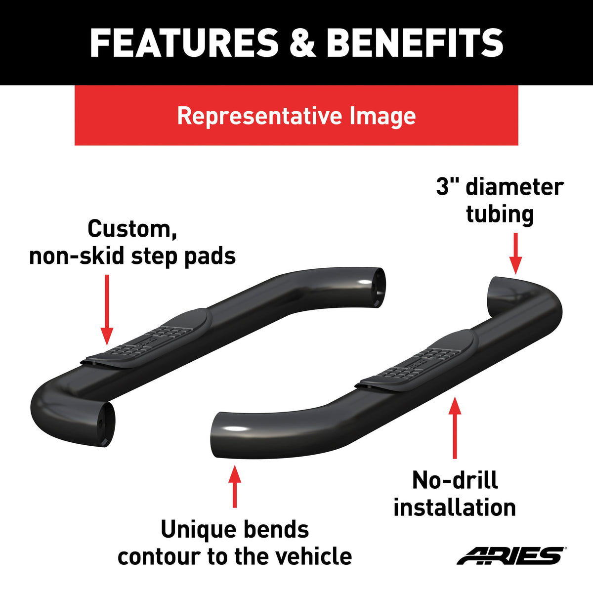 ARIES 203045 3-Inch Round Black Steel Nerf Bars, No-Drill, Fits Select Ford F-150, F-250, F-350 Super Duty