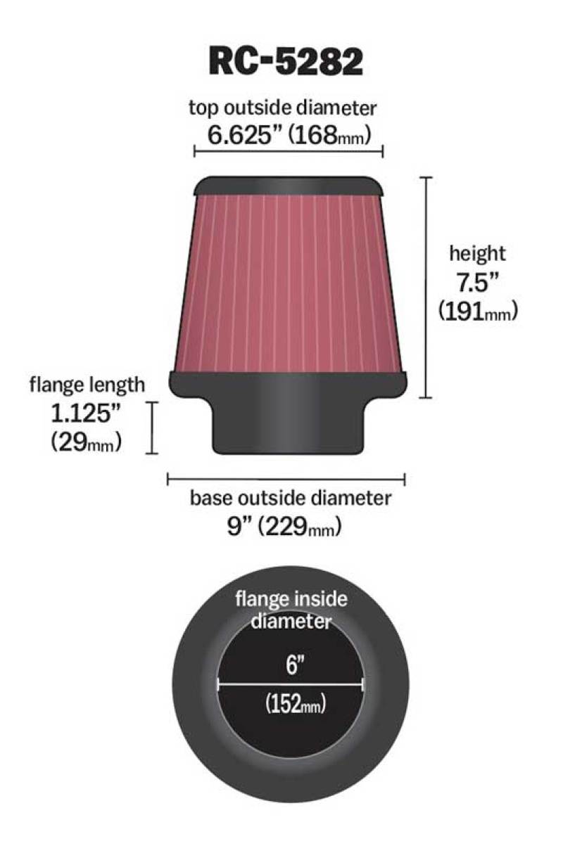 K&amp;N Universal Round Tapered Filter 6in Flange ID x 9in Base OD x 6.625in Top OD x 7.5in Height - RC-5282