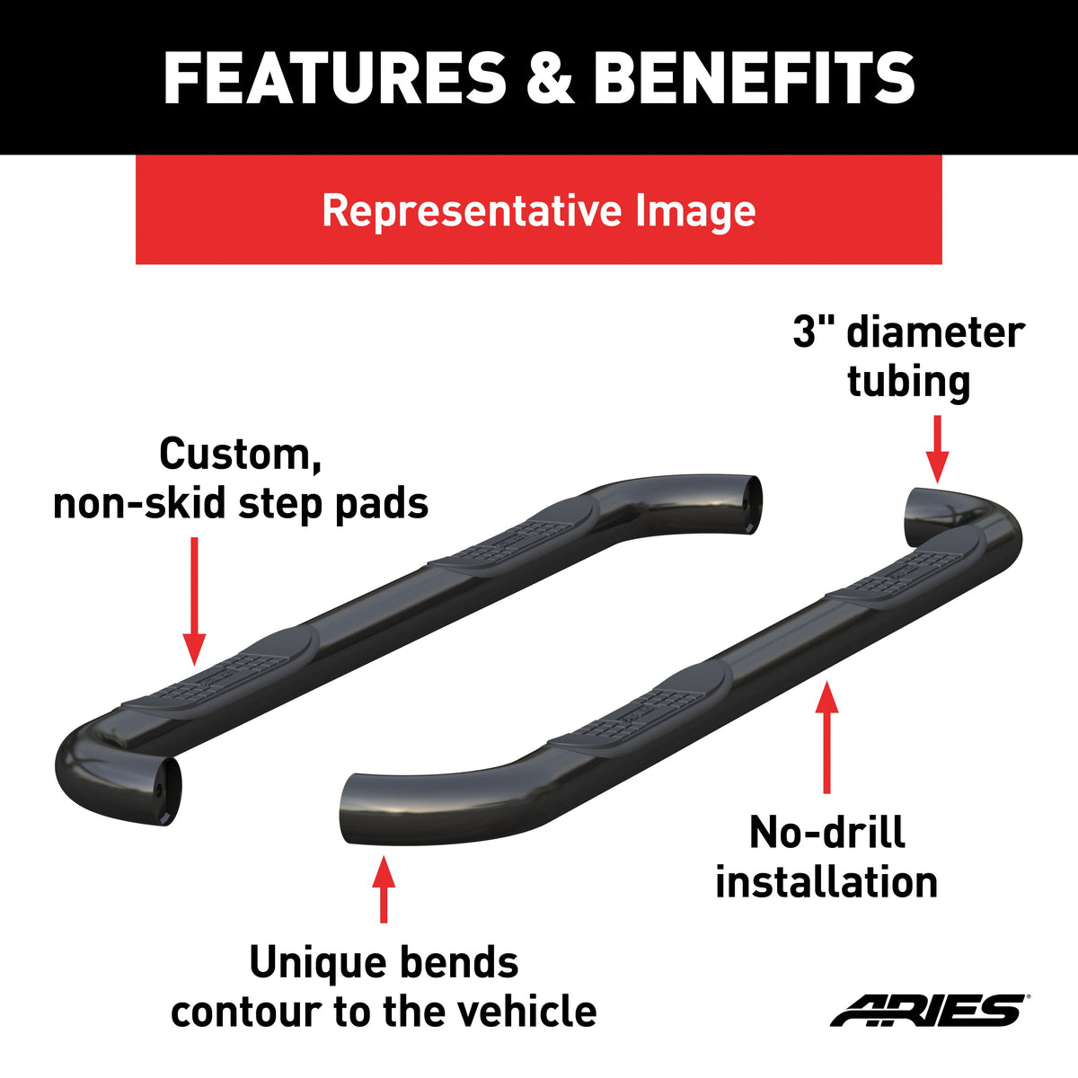 ARIES 204054 3-Inch Round Black Steel Nerf Bars, No-Drill, Fits Select Chevrolet Silverado, GMC Sierra 1500 Extended Cab