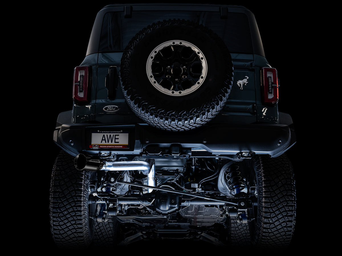 AWE Tuning 2021+ Ford Bronco 0FG Single Rear Exit Exhaust w/Diamond Black Tip & Bash Guard - 3015-23789