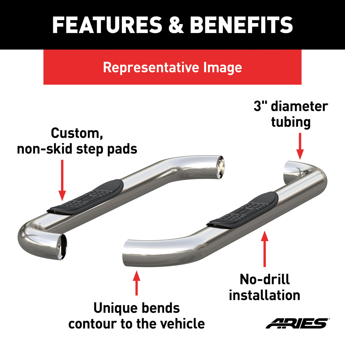 ARIES 205039-2 3-Inch Round Polished Stainless Steel Nerf Bars, No-Drill, Fits Select Dodge, Ram 1500, 2500, 3500