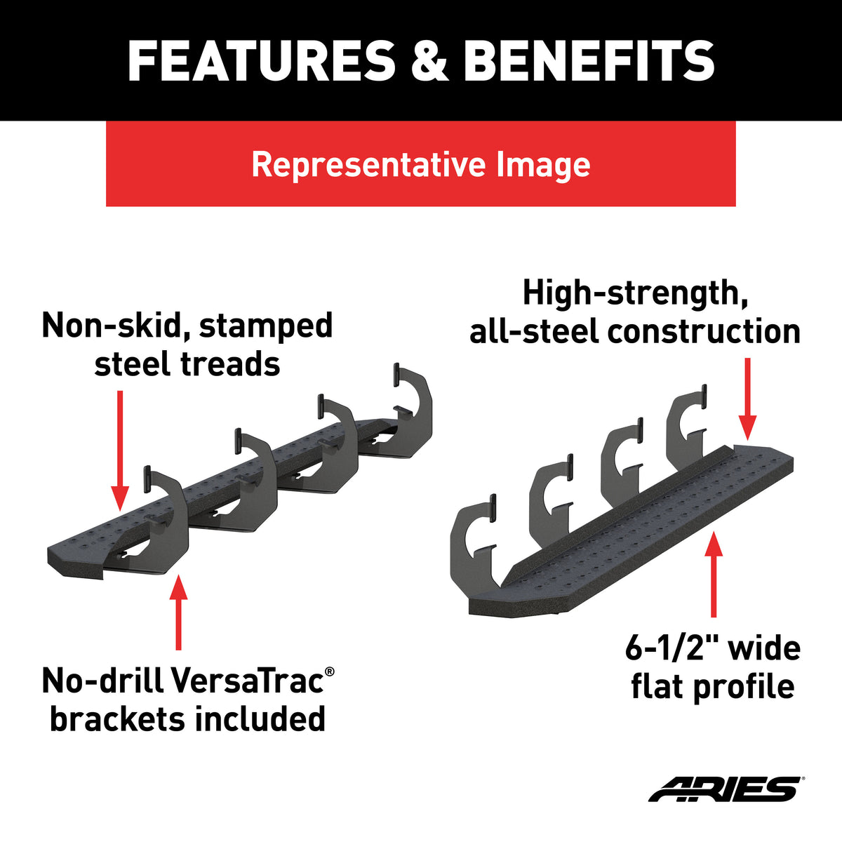 ARIES 2055558 RidgeStep Black Steel 6-1/2 x 75-Inch Truck Running Boards, Select Toyota Tacoma