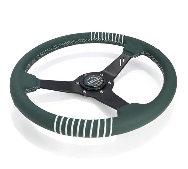 NRG Steering Wheel 1.5in Dish 350mm Black Perforated Leather - Emerald Stitching - Reinforced Spoke - RST-037MB-B-20 - close-up view 2