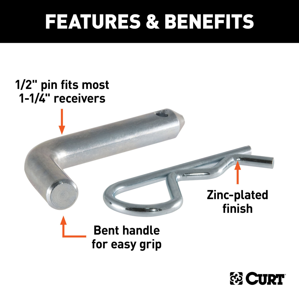 CURT 21400 Trailer Hitch Pin & Clip, 1/2-Inch Diameter, Fits 1-1/4-Inch Receiver