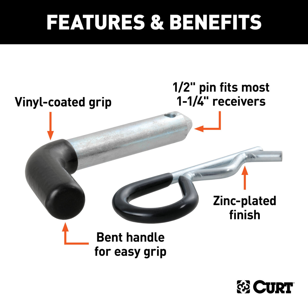CURT 21410 Trailer Hitch Pin & Clip with Vinyl-Coated Grip, 1/2-Inch Diameter, Fits 1-1/4-Inch Receiver
