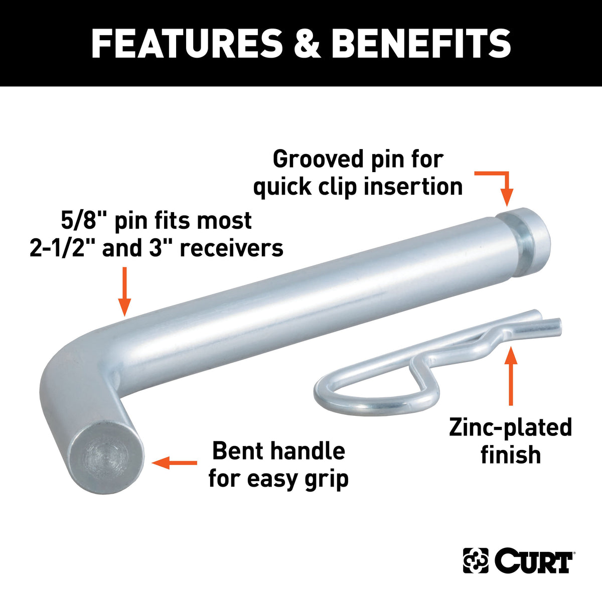 CURT 21506 Heavy-Duty Trailer Hitch Pin & Clip with Grooved Head, 5/8-Inch Diameter, Fits 2-1/2 or 3-Inch Receiver