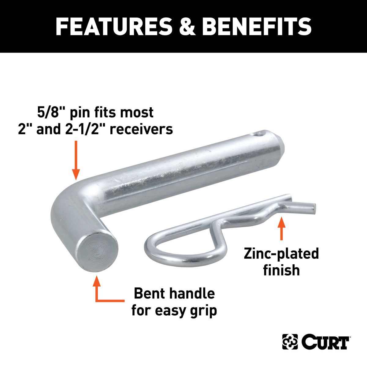 CURT 21580 Trailer Hitch Pin & Clip, 5/8-Inch Diameter, Fits 2 or 2-1/2-Inch Receiver