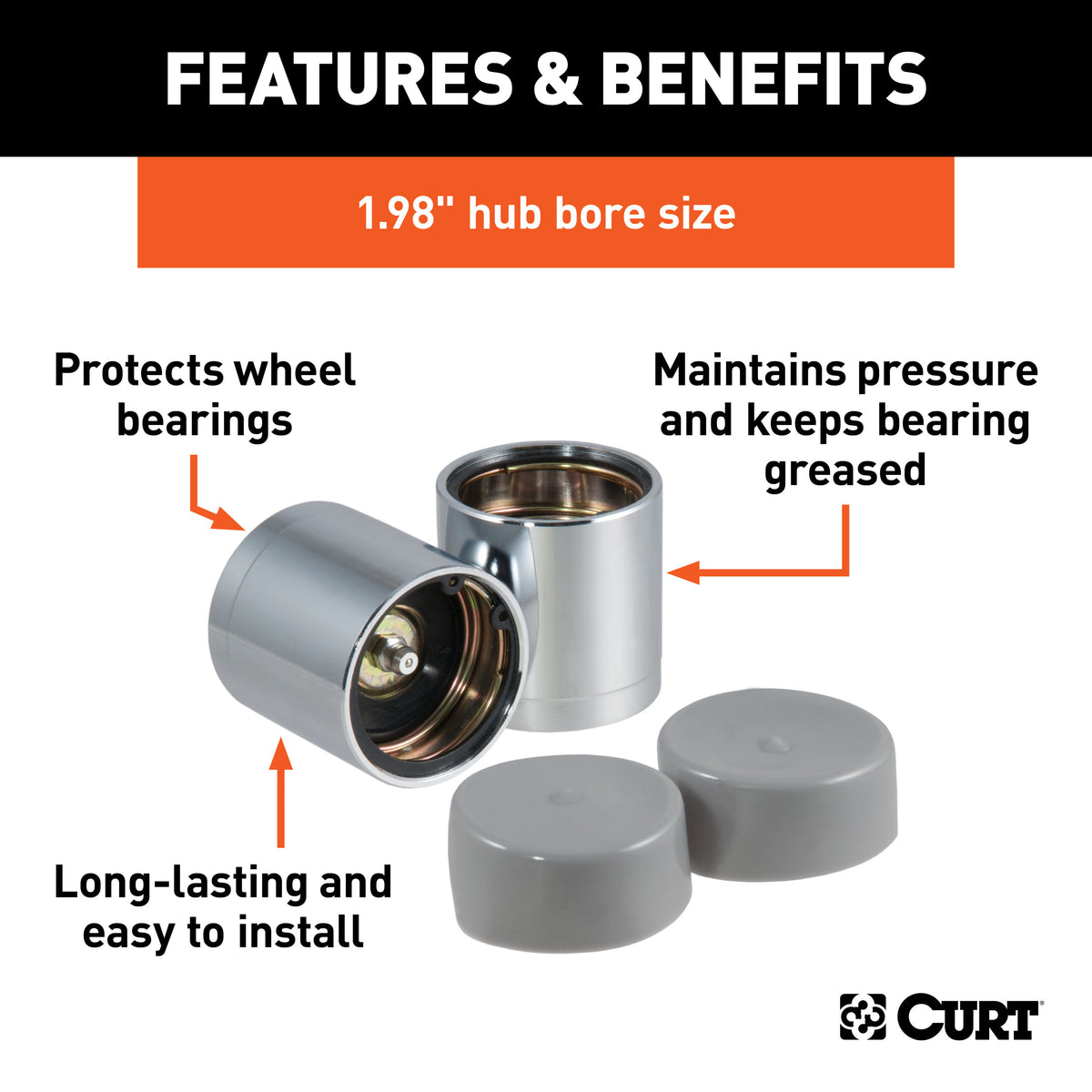 CURT 22198 1.98-Inch Trailer Wheel Bearing Protectors and Dust Covers, 2-Pack